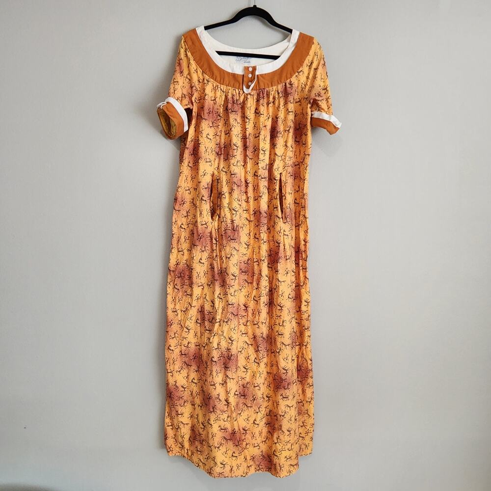 Vintage Sydney Honolulu Yellow/Orange Printed Maxi Dress with Pockets Medium